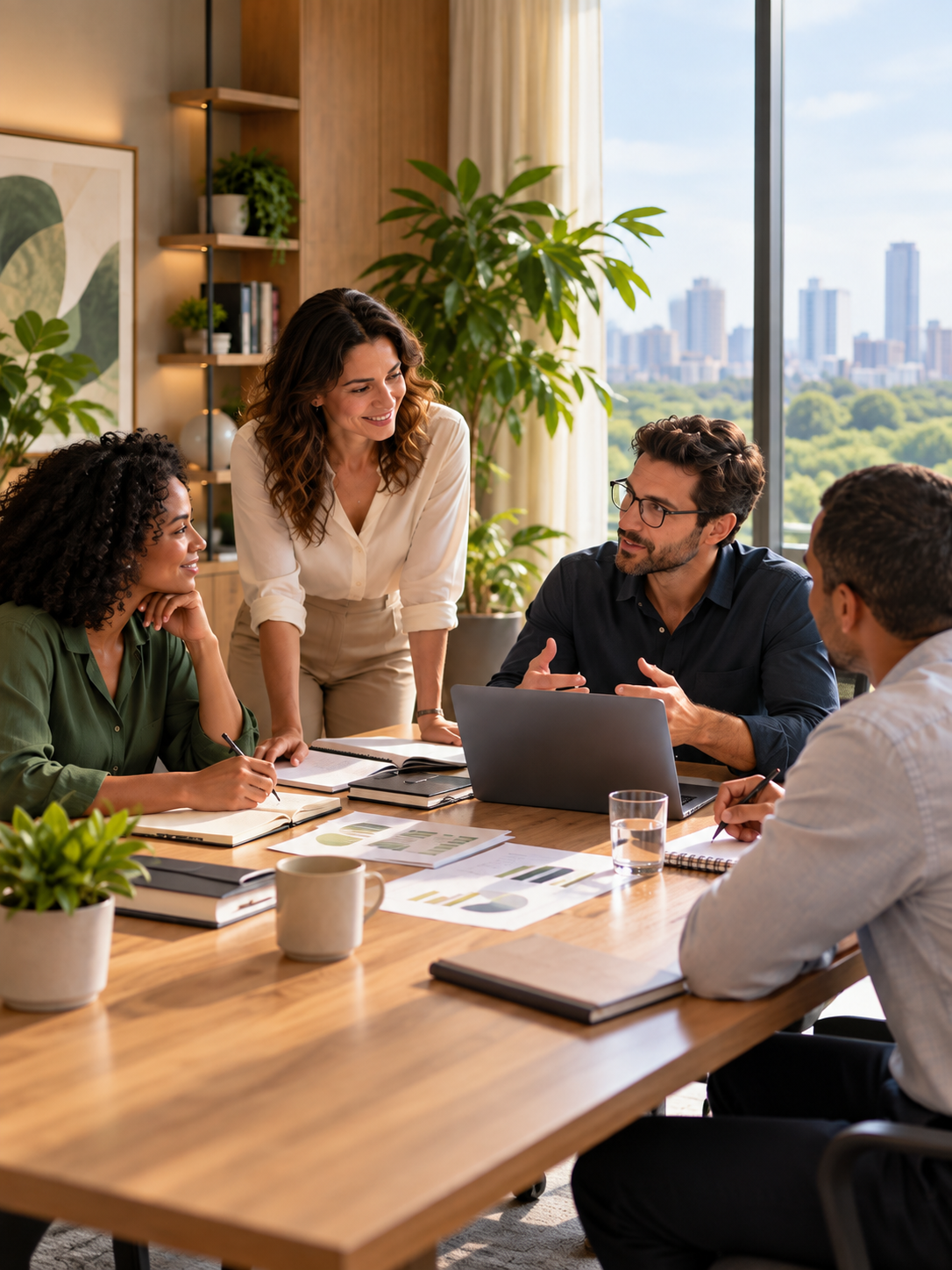 Equipe multidisciplinar compartilhando conhecimento em uma reunião de trabalho